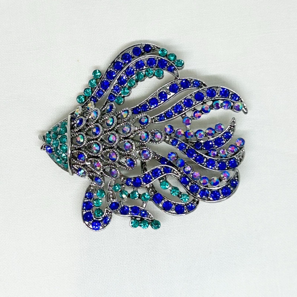 Anne Klein Blue Green AB Crystal Fish Brooch Signed
